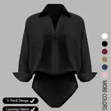 【Black Friday】Women's Casual Long Sleeve V-Neck Collared Bodysuit, Woven Fabric, Suitable for All Seasons, Elegant Womenswear, Basic Bodysuit