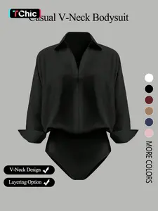 Women's casual loose V-neck long-sleeved shirt jumpsuit, elegant woven fabric, slim fit, suitable for all seasons, and can be layered flexibly.