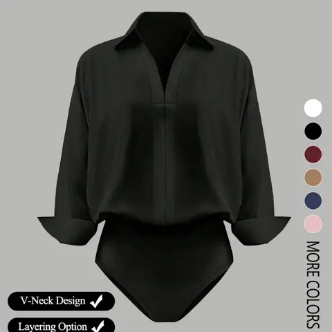 【Black Friday】Women's Casual Long Sleeve V-Neck Collared Bodysuit, Woven Fabric, Suitable for All Seasons, Elegant Womenswear, Basic Bodysuit
