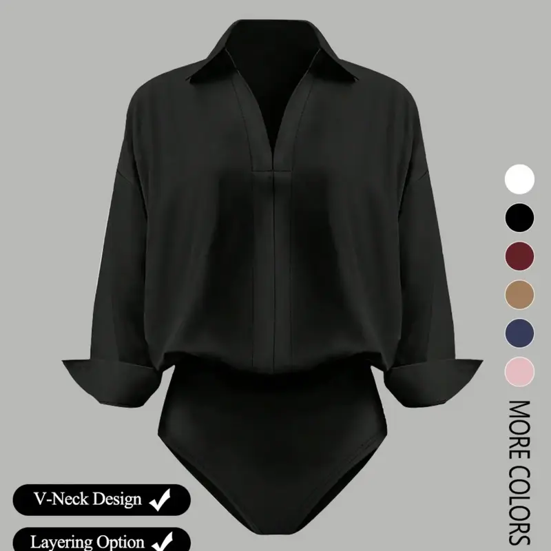 【Black Friday】Women's Casual Long Sleeve V-Neck Collared Bodysuit, Woven Fabric, Suitable for All Seasons, Elegant Womenswear, Basic Bodysuit