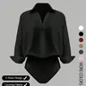 【Black Friday】Women's Casual Long Sleeve V-Neck Collared Bodysuit, Woven Fabric, Suitable for All Seasons, Elegant Womenswear, Basic Bodysuit