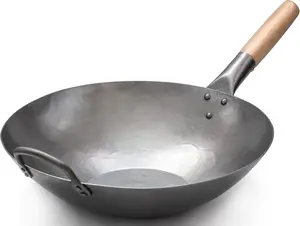 14 Inch Flat Bottom Hand Hammered Carbon Steel Pow Wok with Wooden and Steel Helper Handle, 731W316