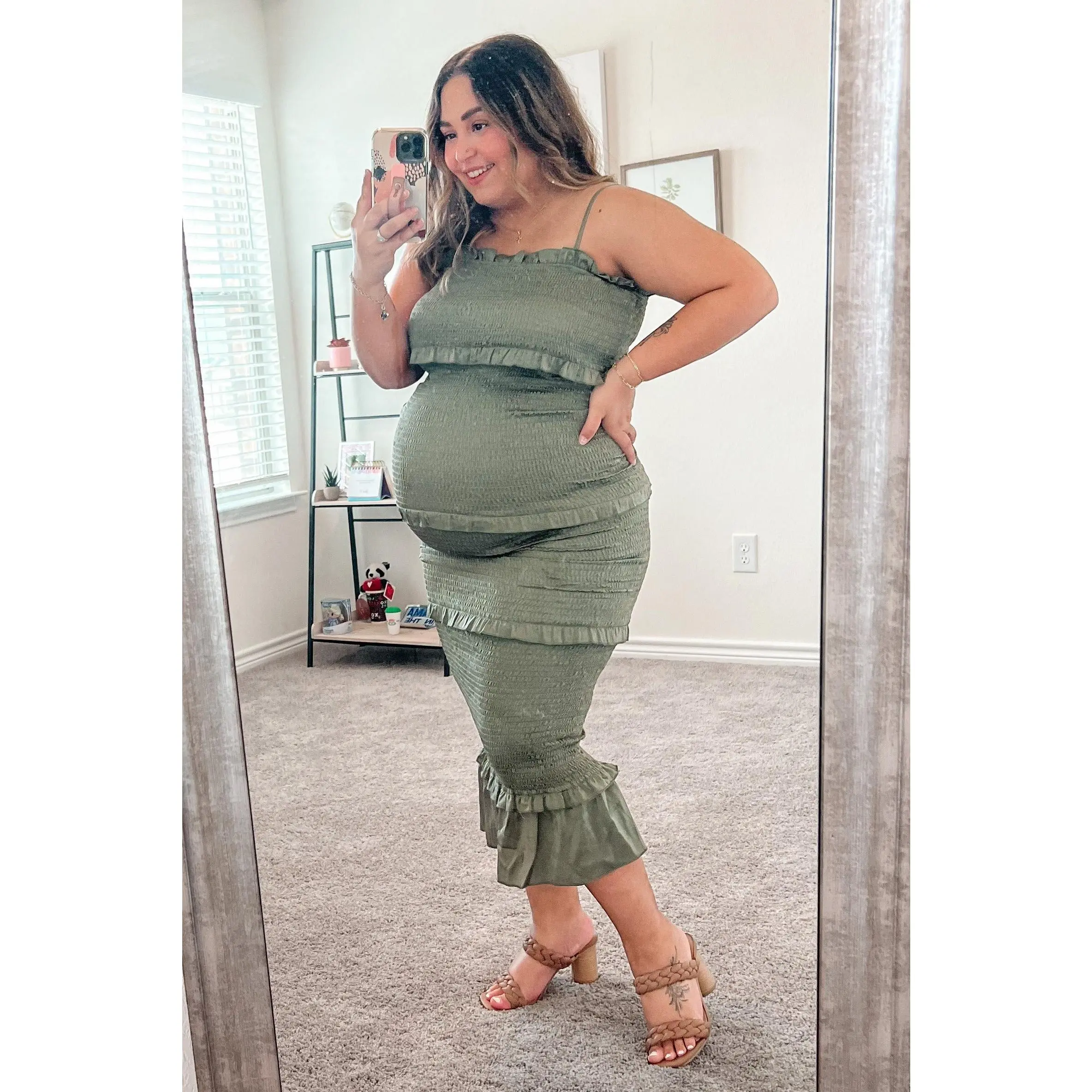 Olive Satin Smocked Fitted Maternity Midi Dress - TikTok Shop