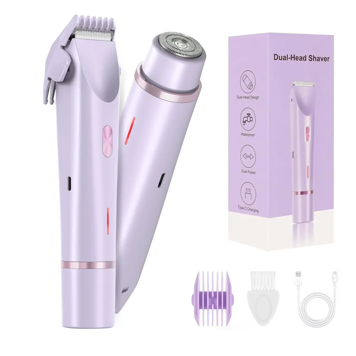 2 in 1 Women's Body Shaver, Women's Body Shaver, Dual Head Electric Trimmer, Wet and Dry, Waterproof Shaver, Dual Head Shaver Women for Face, Lips, Chin, Legs (Purple)