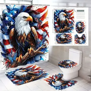 1/4pcs 4th of July Patriotic Bathroom Set - Bald Eagle Shower Curtain with Bath Mats & Toilet Cover, Red White Blue Flag Motif & Floral Butterflies, American Theme Decor for Independence Day Home Decor