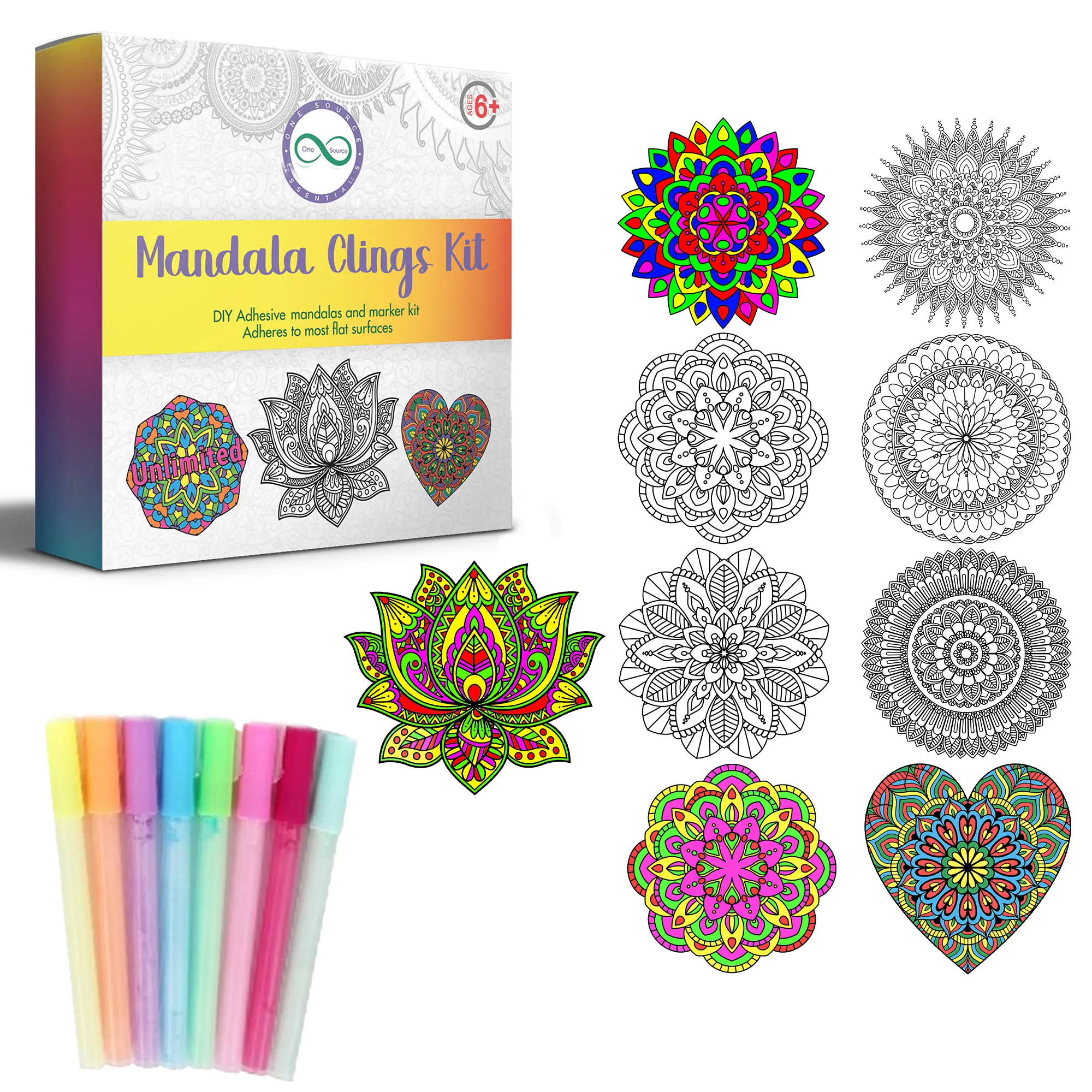 DIY Stained Glass Mandala Reusable Cling Kit - Fluorescent Markers Included, Relaxation & Mindfulness Craft, Creative Entertainment for Families (10 Designs)