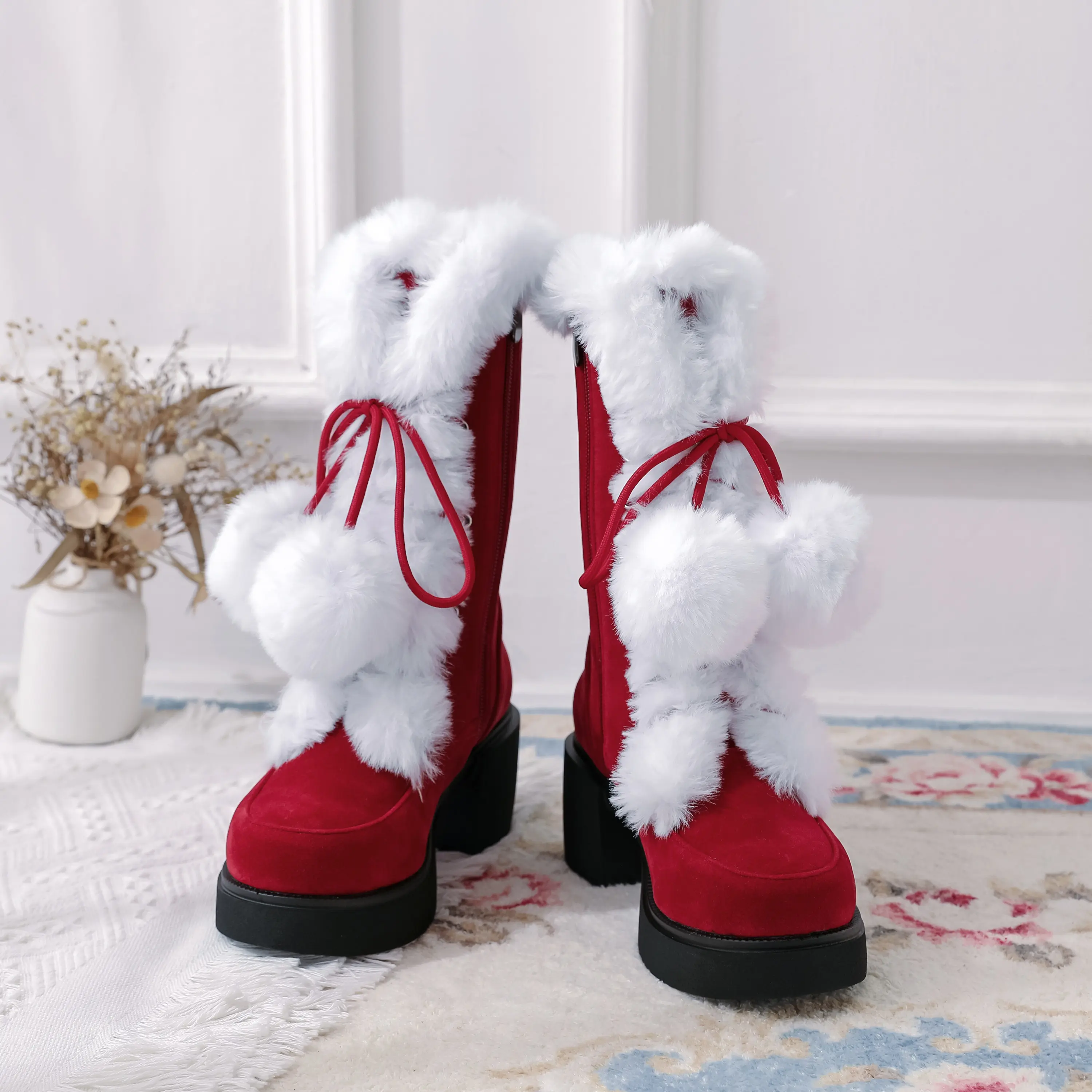 Christmas Magic Style Boots - Red Faux Fur High-Heeled Winter Boots for Women | Cozy Plush Lining & Non-Slip Soles | Perfect Holiday Gift Essentials
