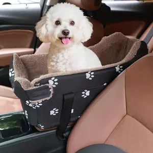 SmartWell Puppy Car Seat Center Console Pet Booster Seat Paw Print Plush Anti Anxiety Dog Travel Carrier Bag With Safety Tether Washable Armrest Box Bed For Small Dogs Cats