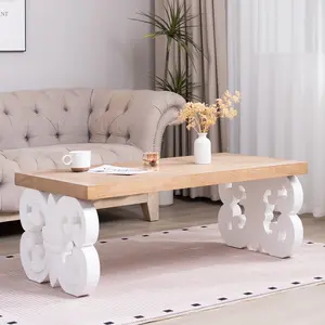 Ornate Wood Coffee Table – 47" Rectangular Farmhouse Style Table with White Carved Base and Natural Wood Top – Living Room Accent Table – Elegant Centerpiece for Modern or Traditional Decor