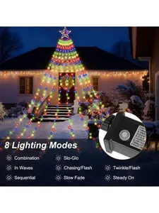 Magical Star Waterfall Tree String Lights, 350 Multi-Color PVC LEDs, 9 Strands, 8 Modes, Lightweight US Plug, IP44 Waterproof Christmas Decorations & Topper
