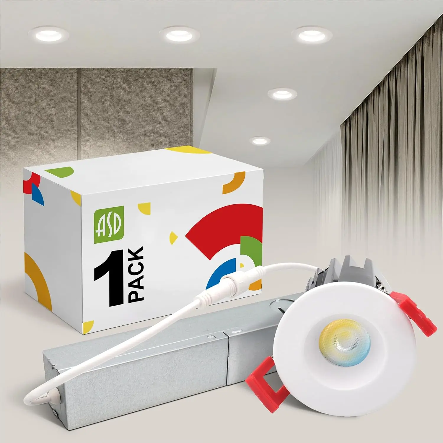 1 Inch LED Recessed Lighting with Junction Box, 5 CCT 2700K-5000K CRI 90+, 7W 120V 550 Lumens, Round Triac Dimmable Anti-Glare Downlight, IC Rated Downlights for Ceiling, ETL White