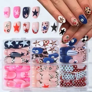 144pcs Short Oval Leopard Print Star Stripe Gradient False Nails Set, Removable Y2K Fashion Nail Art, Elegant Daily Wear, Stick On Nails