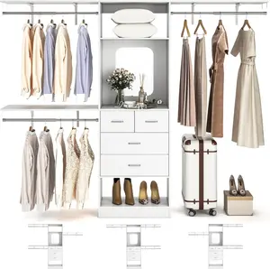 Homieasy 96" Closet System, 8FT Walk in Closet Organizer with 3 Hanging rods and Shelves, Sturdy Clothing Wardrobe with 4 Drawers & Mirror, 96" W x 16" D x 80" H (Can Be Cut To Fit), Max Load 1000 LBS