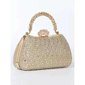 Women Clutch Evening Bag with Full Diamond Embellished Handle and Floral Clasp, Rhinestone Shoulder Strap for Wedding Party Formal Occasions Elegant