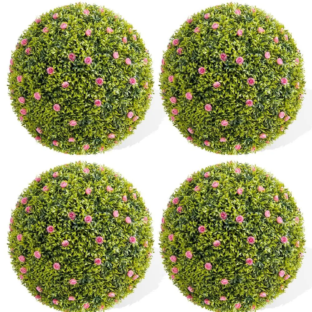 4 Pack 11.8" Artificial Plant Topiary Ball, Lifelike Artificial Plant Ball in Pot, Large Hanging Topiary Balls with Pink Flowers, Indoor Outdoor Decorative Fake Greenery Plants for Home, Garden