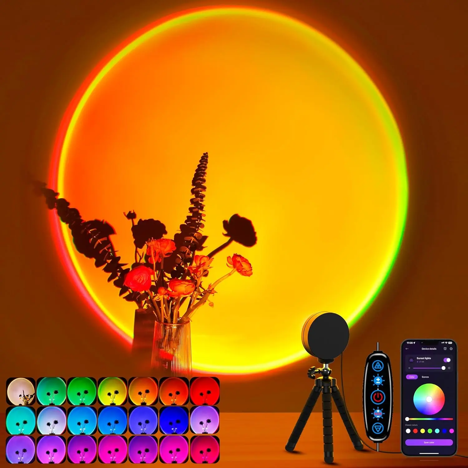 Sunset Lamp Projector Multicolor Changing LED Projection Lamp, Button and APP Control 360 Degree Rotation Sunlight Lamp for Bedroom, Photography, Party,  Live, Room Decor