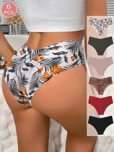 6-piece Set Of Women's Seamless Slim Fit Scallop-shaped Panties, Made Of Soft and Skin-friendly Material, Featuring A Combination Of Leopard Print and Solid Colors, Suitable for Everyday Wear in All Seasons, Lady Underwear