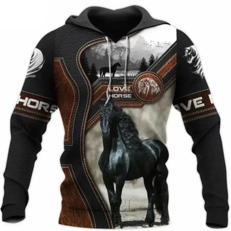 Men's Unisex 3D Horse Print Pullover Hoodie - Casual Harajuku Style Long Sleeve Polyester Clothes for Autumn Wear