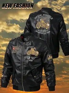 Men's Embroidered PU Leather Jacket, Casual Fitted Biker Coat for Spring & Fall, Motorcycle Style Outerwear for Men, Menswear Embroidery