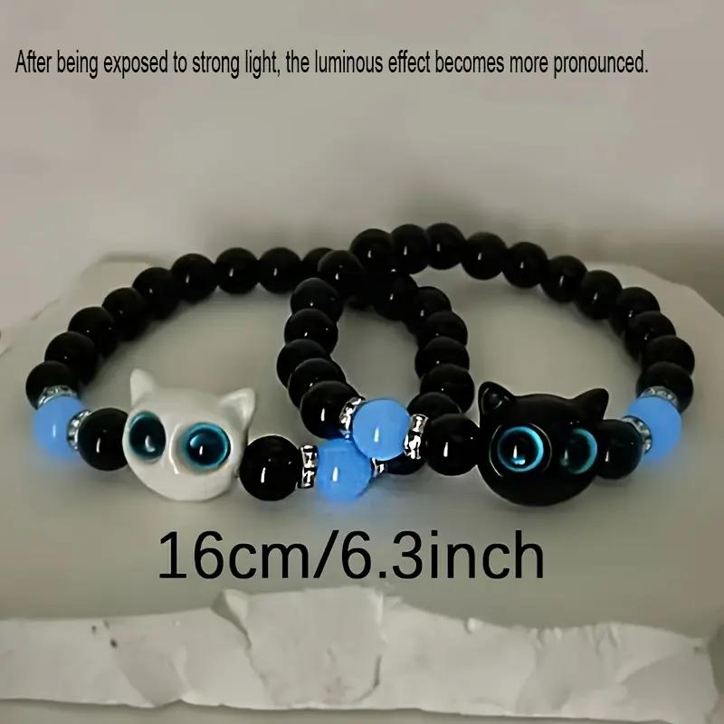 September Laurel 2Pcs Whimsy Cat Glow-in-the-Dark Cartoon Cat Beaded Stretch Bracelet Set, Resin Rhinestone Mosaic, Glitter Style, Daily & Party Wear, Unisex Jewelry Bracelet Set Gift