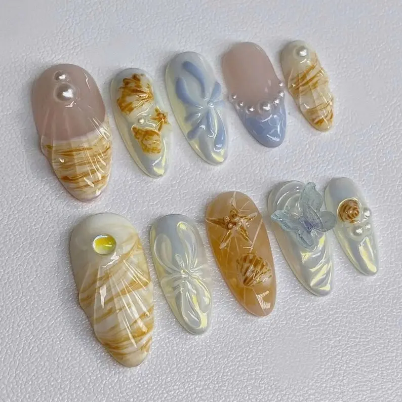 Handmade 3D Seashell Butterfly Press On Nails, Ocean-Inspired Pearl and Starfish Gel Nail Art, Summer Beach Vibe False Nails, Holiday Nails.
