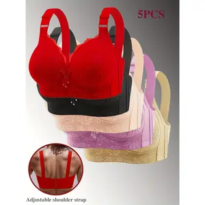 5pcs Set, Patterned, Adjustable, Push-Up Bra Floral Fabric