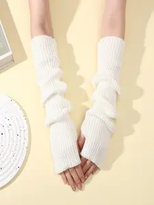 Women's Pure Wool Arm Sleeves Fall & Winter Long Thick Warm Knitted Plain Pattern Fingered Gloves, Fashion Fake Sleeves 40cm, Holiday Gift for Women