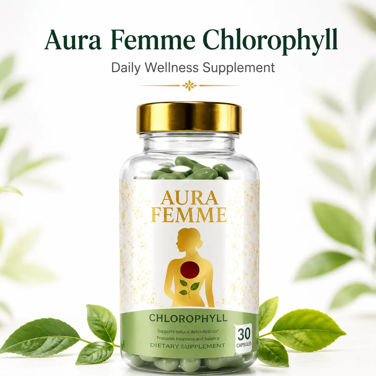 Aura Femme Chlorophyll Capsules for Women | Internal Freshness Formula with Chlorophyll, Parsley & Peppermint | Daily Wellness Supplement | 30 Vegan Capsules