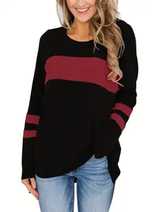 Women's Plus Size Casual Long Sleeve Soft T-Shirt Top, Colorblock Striped Design, Elastic Comfort Fitted Fit, Spring Fashion