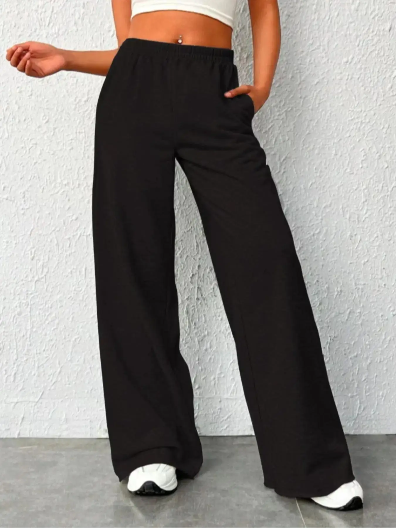 Women's Solid Breathable & Thin High-Waisted Straight Leg Sweatpants with Pockets, Causal Elastic Waist Pants Trousers for Daily Wear Outdoor Lounge