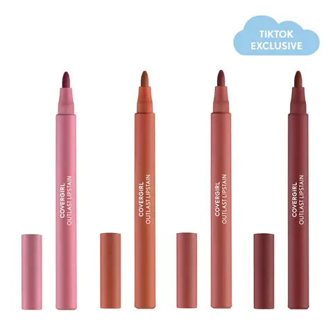 COVERGIRL Outlast Long-Lasting Lip Stain Makeup Multi-Pack, 4-Piece Vegan Fragrance-Free Set with Storage, Pen-Style Lightweight Lipliner for Adults (4 Shades)