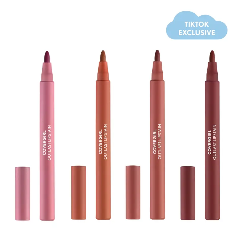 COVERGIRL Outlast Long-Lasting Lip Stain Makeup Multi-Pack, 4-Piece Vegan Fragrance-Free Set with Storage, Pen-Style Lightweight Lipliner for Adults (4 Shades)