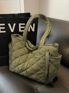 Women's Solid Color Quilted Tote Bag with Cartoon Charm, Fashionable Large Capacity Shoulder Bag for Work & Daily Used, Casual Trendy Versatile High-quality Daily Commuting Bag