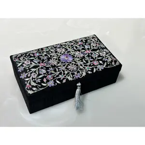 9" x 5" Black Silk Keepsake Box with Purple Zardozi Embroidery and Gemstones
