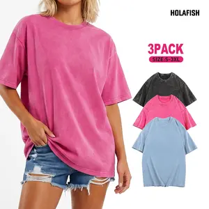 Holafish 3Pcs Unisex Acid Washed Tshirt Cotton Fabric T-Shirts - Vintage Crewneck Half Short Sleeves, Casual Loose Solid Streetwear Tops, Soft Retro Acid Washed, Suitable for Beach, Fitness