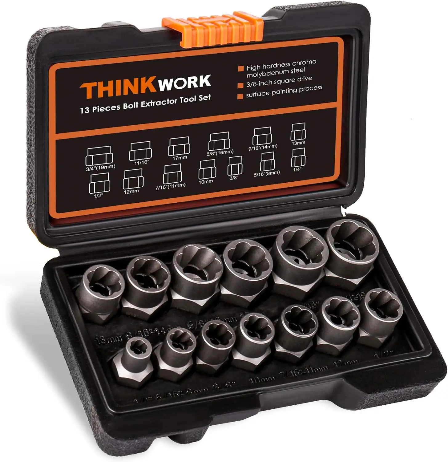 【Fall Deals For You】THINKWORK Bolt Extractor Tool Set, 13+1 Counts Impact & Nut Remover Stripped Lug Remover, Drive Rounded Bolt Remover for Removing