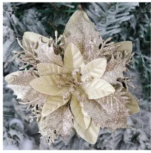 10pcs/20pcs/1pc Glittering Double-Layer Poinsettia Artificial Flower With Clip For New Year, Wedding Party, Wreath, Stair, Window, Fireplace Decor, Valentine Day, Gift