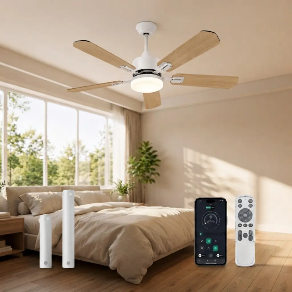 Modern Smart Ceiling Fan with Light - Quiet Reversible DC Motor, Reversible Dual-Sided Blades, 6 Speeds, 3-Color Stepless LED, APP/Remote/Voice Control, All-Season Flow, Fan for Bedroom, Indoor Use for Home Decoration, Wood Blades, Living Room, Downrods