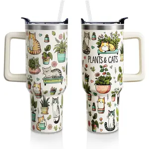 Cat Gifts 40 Oz Tumbler with Handle and Straw Lid, Cats Plants Stainless Steel Insulated Cup, Water Bottle Mug for Women Men