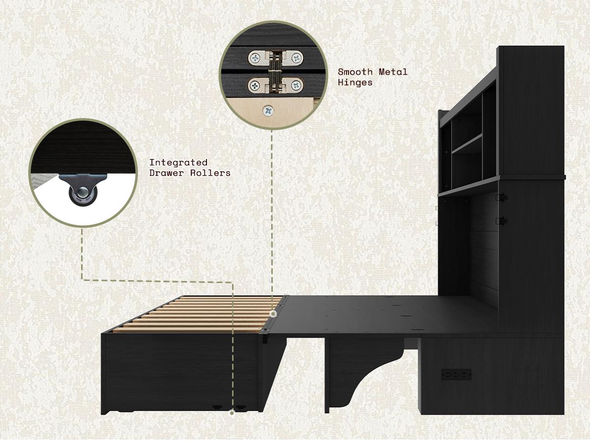 [Mattress NOT Included] [Ship in 2 Boxes] AMERLIFE Murphy Bed with Bookcase Headboard & LED Light, Farmhouse Cabinet Bed with Storage Drawer, Charging Station and Desk for Home Office/Guest Room/Small Spaces