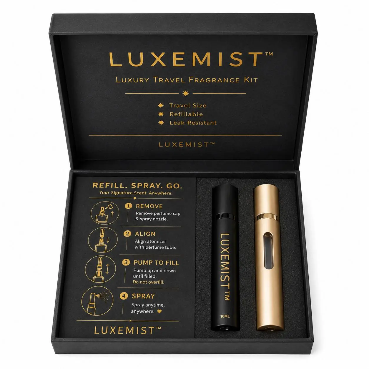 LUXEMIST 2-Pack 10 mL Refillable Perfume Atomizers, Bottom-Fill Travel Spray Bottles, Leak-Resistant, Black & Gold