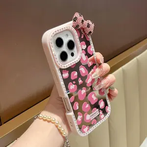 Double-Sided Rhinestone Protective Phone Case Leopard Bow Sparkle Diamond Protection Cover Mirror Finish Fashion Luxury for iPhone 13/14/15/16 Pro/plus/pro Max Accessories