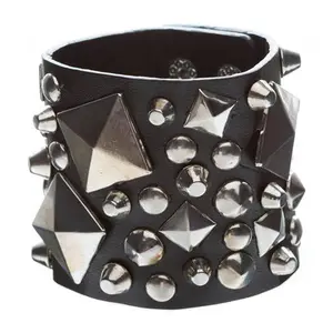 Unique Multi Shapes Metal Studs Design Wide Fashion Wrap Bracelet Black