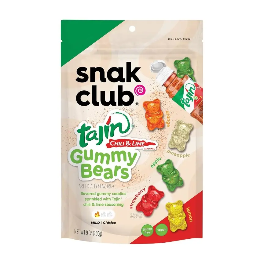 Snak Club Tajin Gummy Bears – Assorted Fruit Gummies with a Chili-Lime Kick, Mild, Gluten-Free, Vegan, 9 oz Resealable Bag