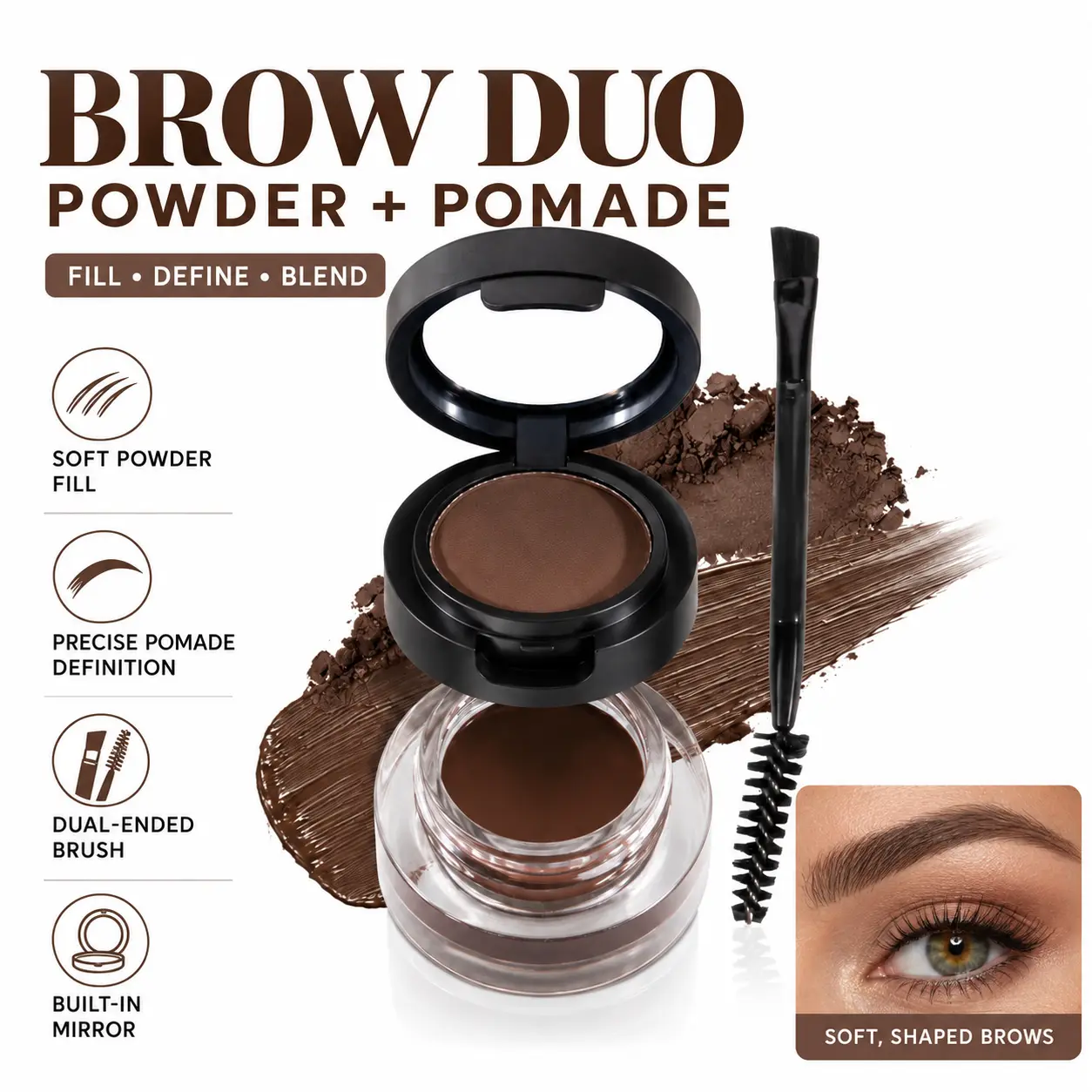 2-in-1 Brow Powder & Eyebrow Pomade Kit, Dual-Layer Brow Makeup with Mirror & Dual-Ended Brush, Waterproof Smudge-Proof Formula for Natural-Looking Brows, Shades 01/02/03, Single or 3-Piece Set