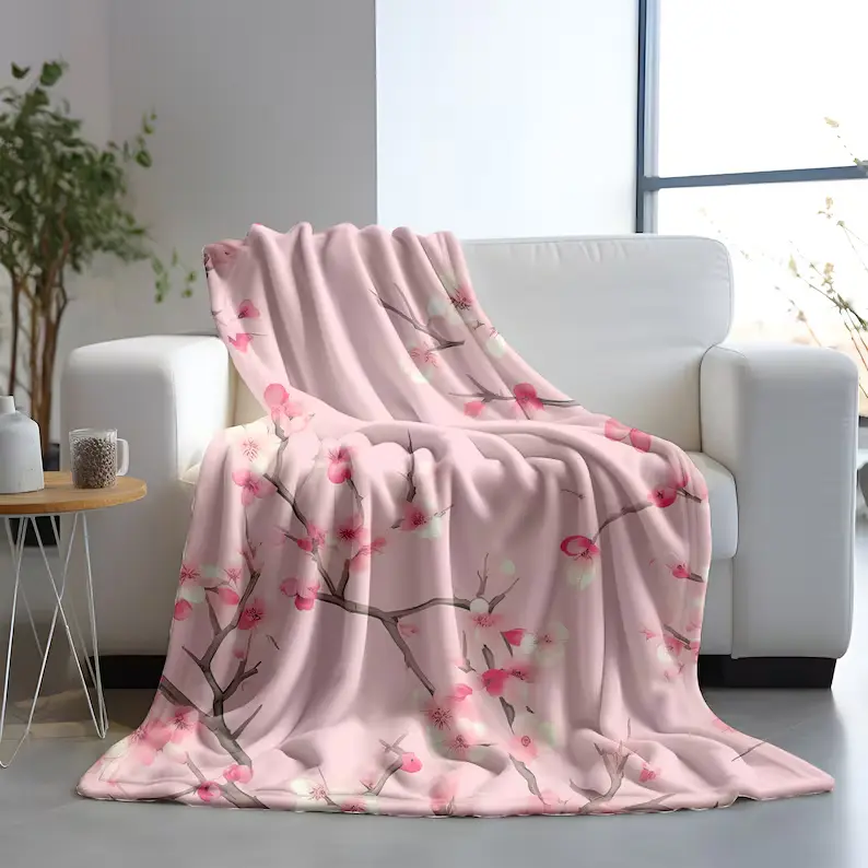 Cherry Blossom Lover Gift Velveteen Plush Blanket oriental style plush throw Japanese sakura blanket cozy blanket Pink flora throw Feminist Blanket Gift Blanket  Decor Christmas and Halloween and Birthday