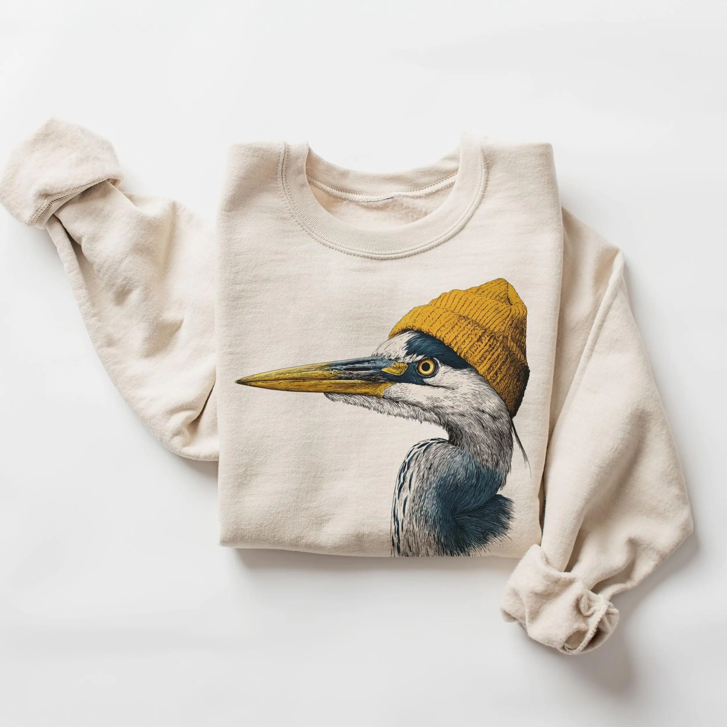 Retro 90's Great Blue Heron Wearing Beanie Y2k Graphic Sweatshirt, Birdwatching Birding Pullover Hoodie For Men & Women