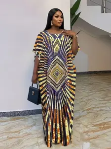 Summer Fashion Loose Fit Breathable Comfort Daily Large Scarf Fringe Traditional Ethnic Boubou Print Rhinestone Party Robe African Kaftan Plus Size Conceal Fat Slimming Elegant Artificial Silk Vacation Dress Casual Wear