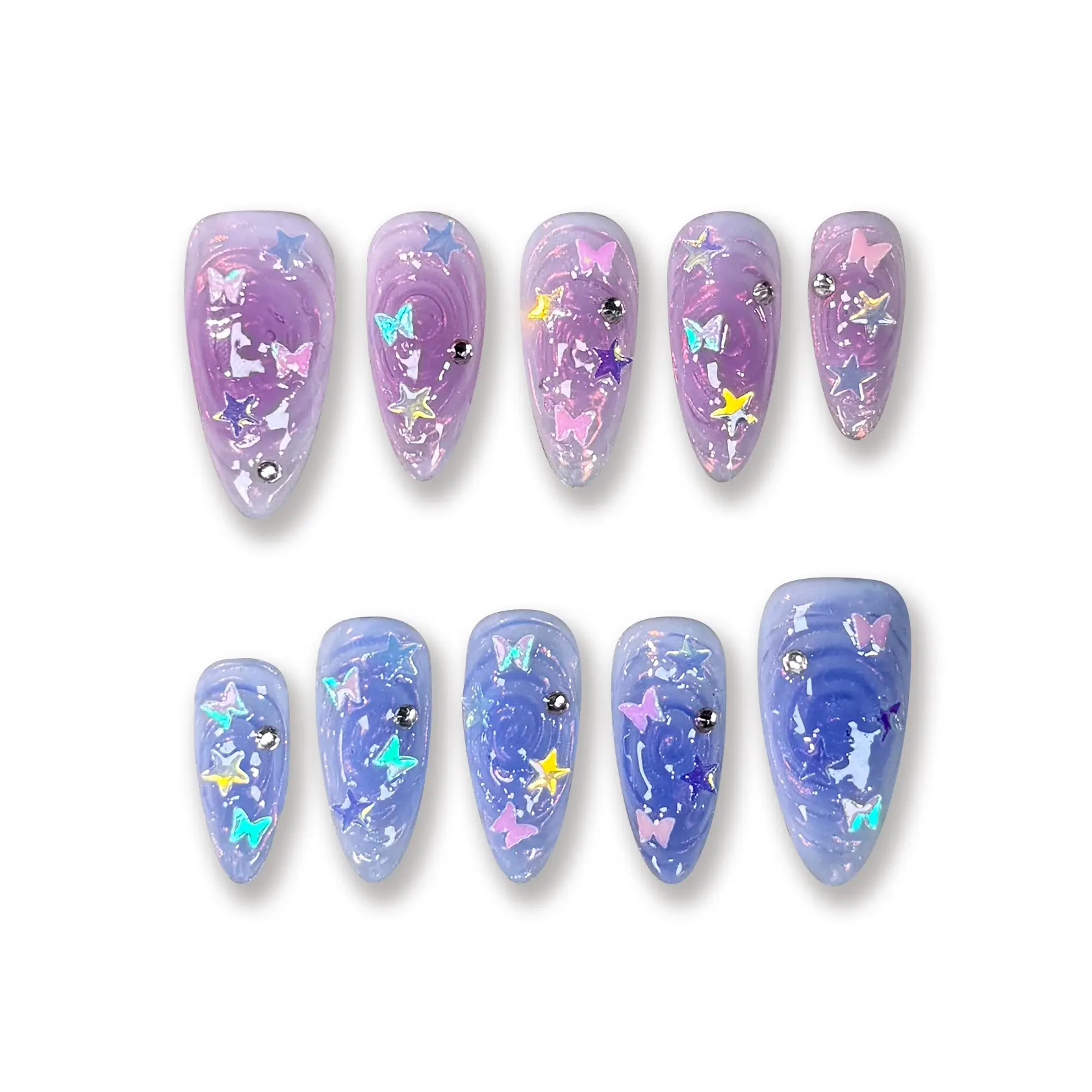 Pressmeon Handmade Press-on Nails | Butterfly Nebula | Medium Almond Shape Collection | 3D Luxury Salon Quality | Reusable & Extra Durable | Eco Package