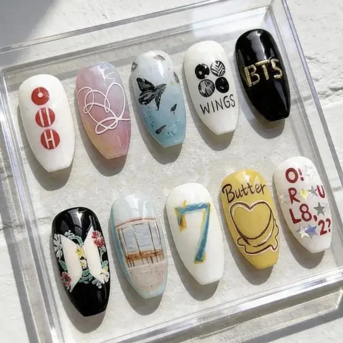 Hand-Painted Album Era Press On Nails | ARMY Kpop Inspired Handmade Gel Nails | Wings Butter Album Art | Glossy Almond Fake Nails